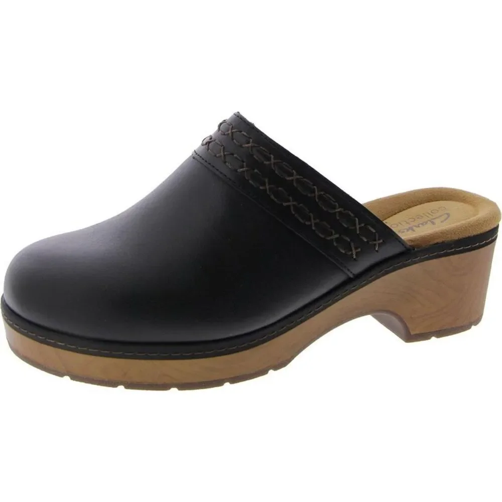 Clarks Womens Paizlee Poppy Black Leather Slip-On Clog Mules Shoes NWT